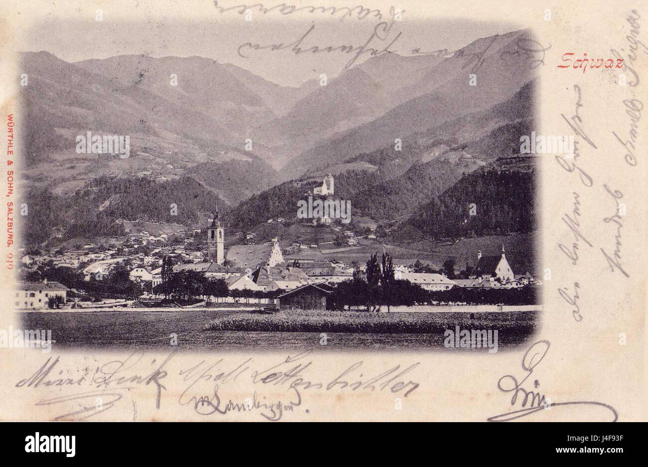 Schwaz, in Tirolo, e Kellerjoch, cartolina c.1900 Foto Stock