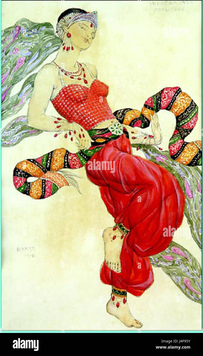 Questa opera d'arte di Léon Bakst raffigura una scena di "Scheherazade", un famoso balletto di Nikolai Rimsky-Korsakov. I disegni di Bakst sono noti per i loro colori vivaci e l'influenza esotica, che erano una caratteristica chiave del balletto russo. Foto Stock