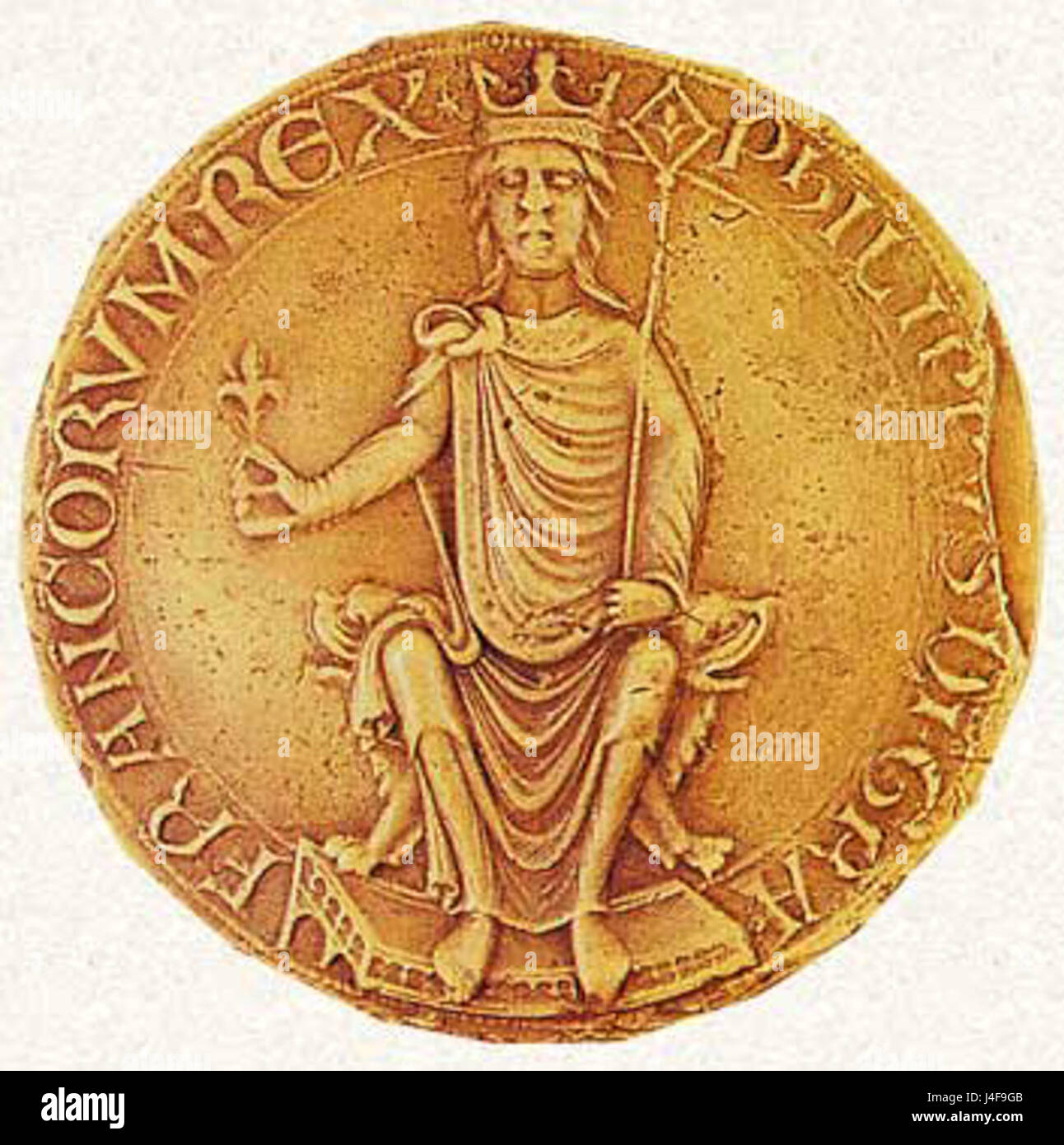 Lo Sceau Philippe Auguste si riferisce al sigillo del re Filippo II di Francia, un emblema storico utilizzato per i documenti ufficiali e la corrispondenza durante il suo regno nel XII e XIII secolo. Simboleggia l'autorità e il governo reali. Foto Stock