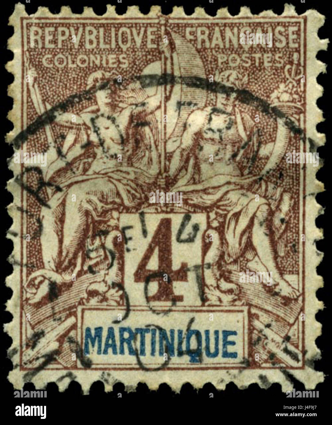 Questo è un francobollo emesso nel 1892 dalla Martinica, un dipartimento francese d'oltremare dei Caraibi. Il francobollo presenta la denominazione di 4 centime, che riflette la storia postale e l'era coloniale. Foto Stock