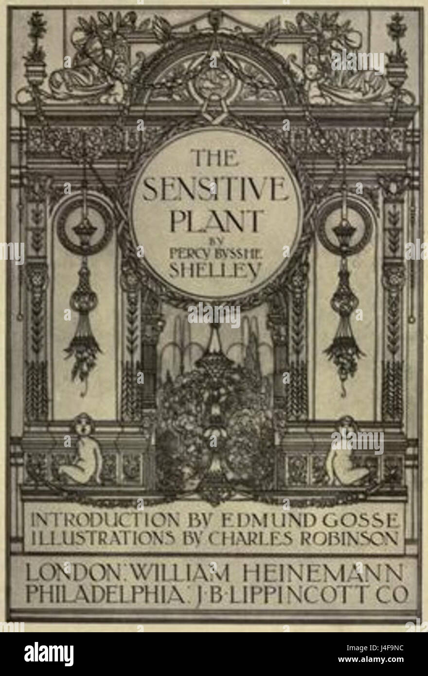 L'illustrazione del frontespizio delle piante sensibili mostra una dettagliata rappresentazione botanica della Mimosa pudica, una pianta nota per le sue foglie sensibili che si piegano quando toccate. Il frontespizio è un'introduzione decorativa a un lavoro scientifico incentrato su questa specie vegetale, che mostra le sue caratteristiche uniche in uno stile naturalistico. Foto Stock