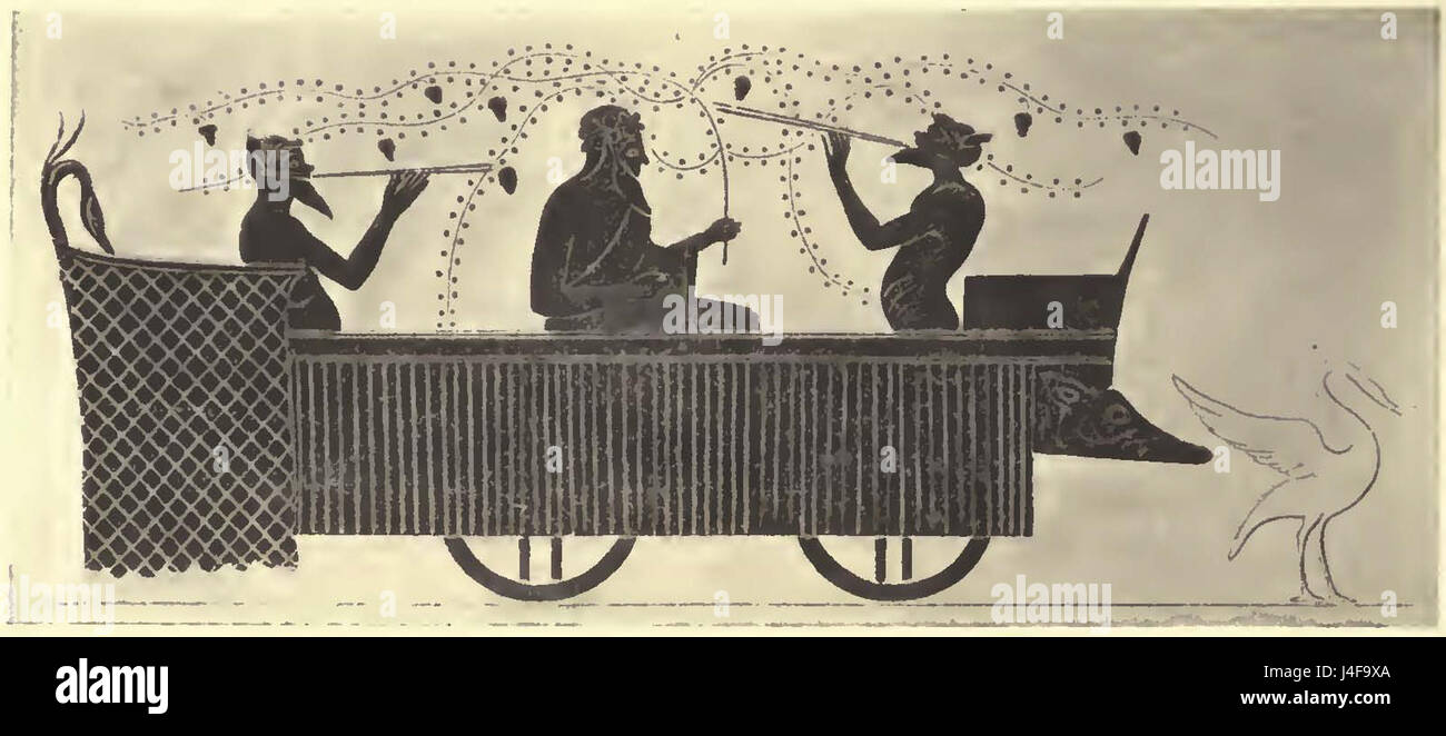 Una rappresentazione artistica di un carro navale con un Dioniso seduto, il dio greco del vino e della meraviglia. L'opera riflette la mitologia e la cultura greca antica, in particolare le rappresentazioni delle divinità nell'arte. Foto Stock