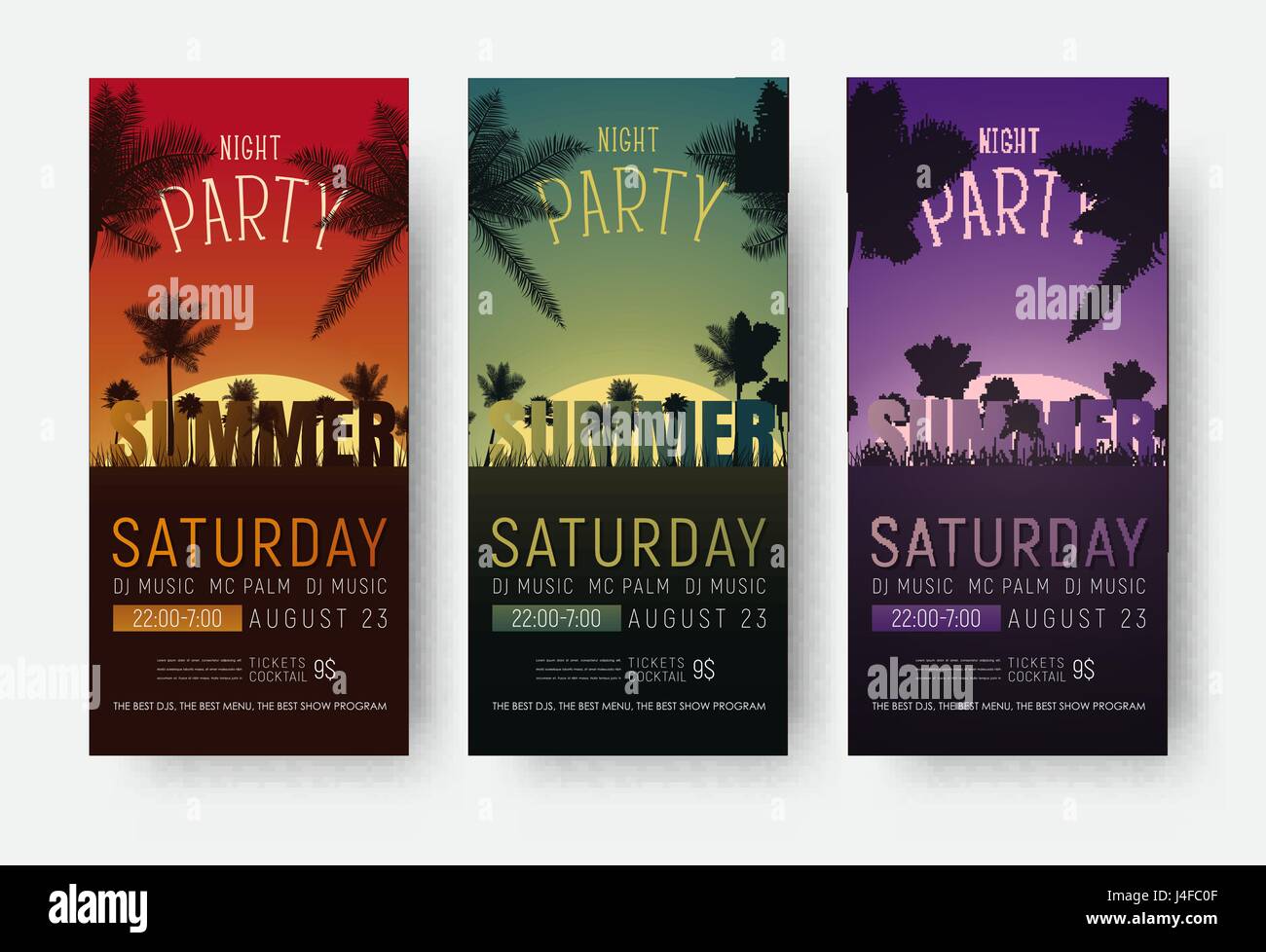 Modelli Flyer per una festa estiva. Progettazione di Banner verticale con una notte di spiaggia e palme al tramonto. Illustrazione Vettoriale. Impostare Illustrazione Vettoriale