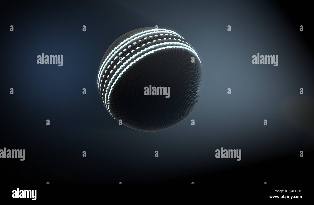 Un avveniristico sport concetto di un nero testurizzato cricket sfera illuminata con segni al neon volando attraverso lo spazio scuro - 3D render Foto Stock