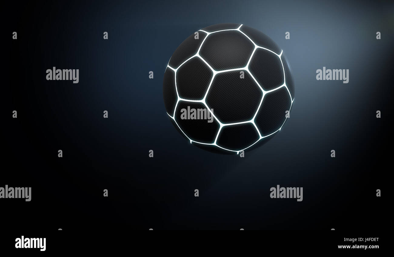 Un avveniristico sport concetto di un nero testurizzato pallone da calcio illuminati al neon con iscrizioni di volare attraverso lo spazio scuro - 3D render Foto Stock