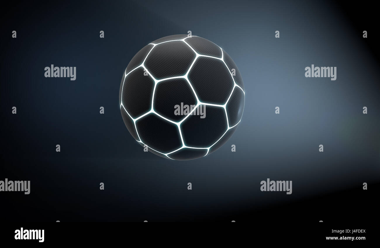 Un avveniristico sport concetto di un nero testurizzato pallone da calcio illuminati al neon con iscrizioni di volare attraverso lo spazio scuro - 3D render Foto Stock