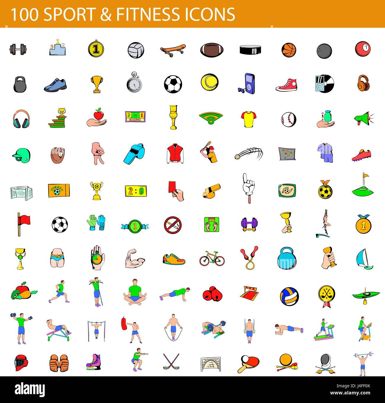 100 Sport e fitness set di icone, stile cartoon Illustrazione Vettoriale