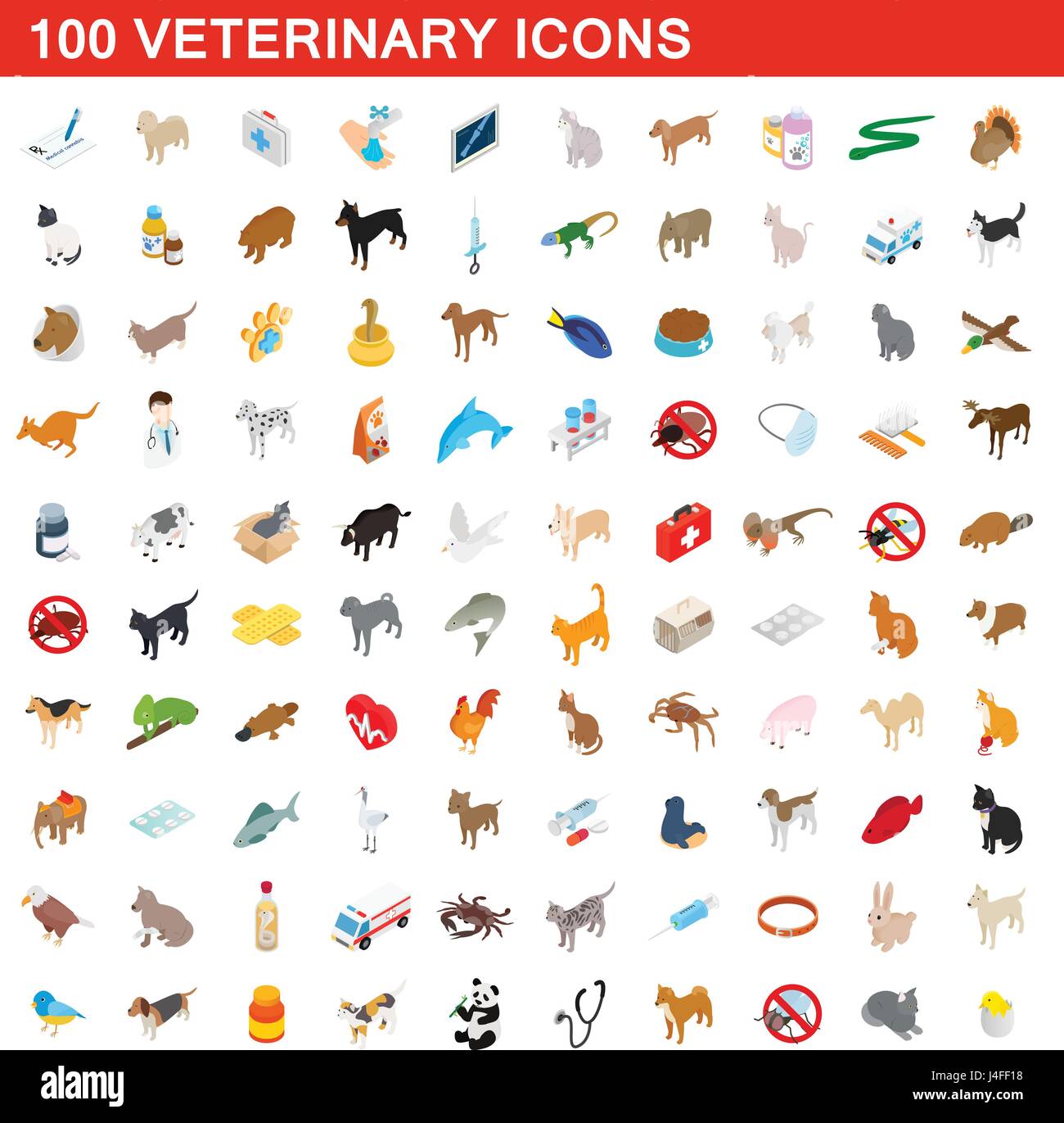 100 veterinario set di icone isometrica 3d style Illustrazione Vettoriale