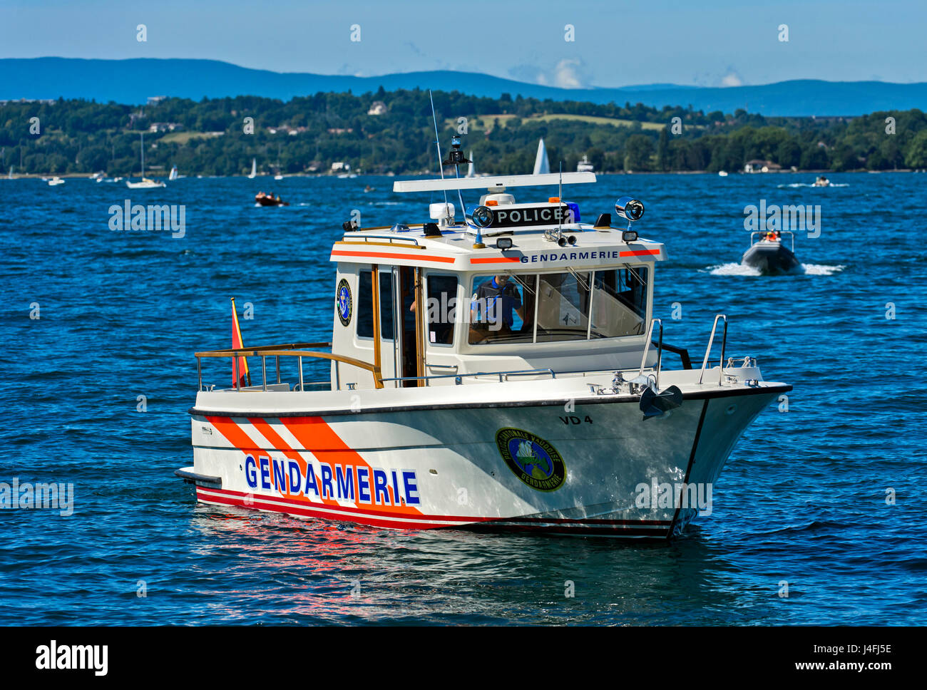 Speedboat JT-702 Nérée del lago brigata della polizia del Cantone di Vaud sul Lago di Ginevra, Gland, Svizzera Foto Stock