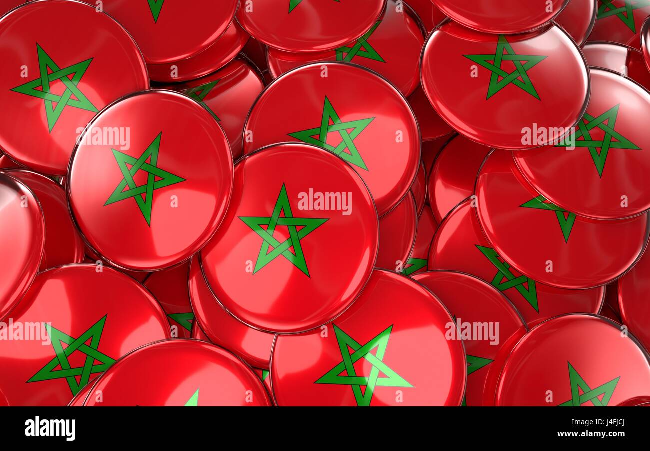 Il Marocco distintivi di sfondo - Pila del marocchino pulsanti bandiera. Il rendering 3D Foto Stock