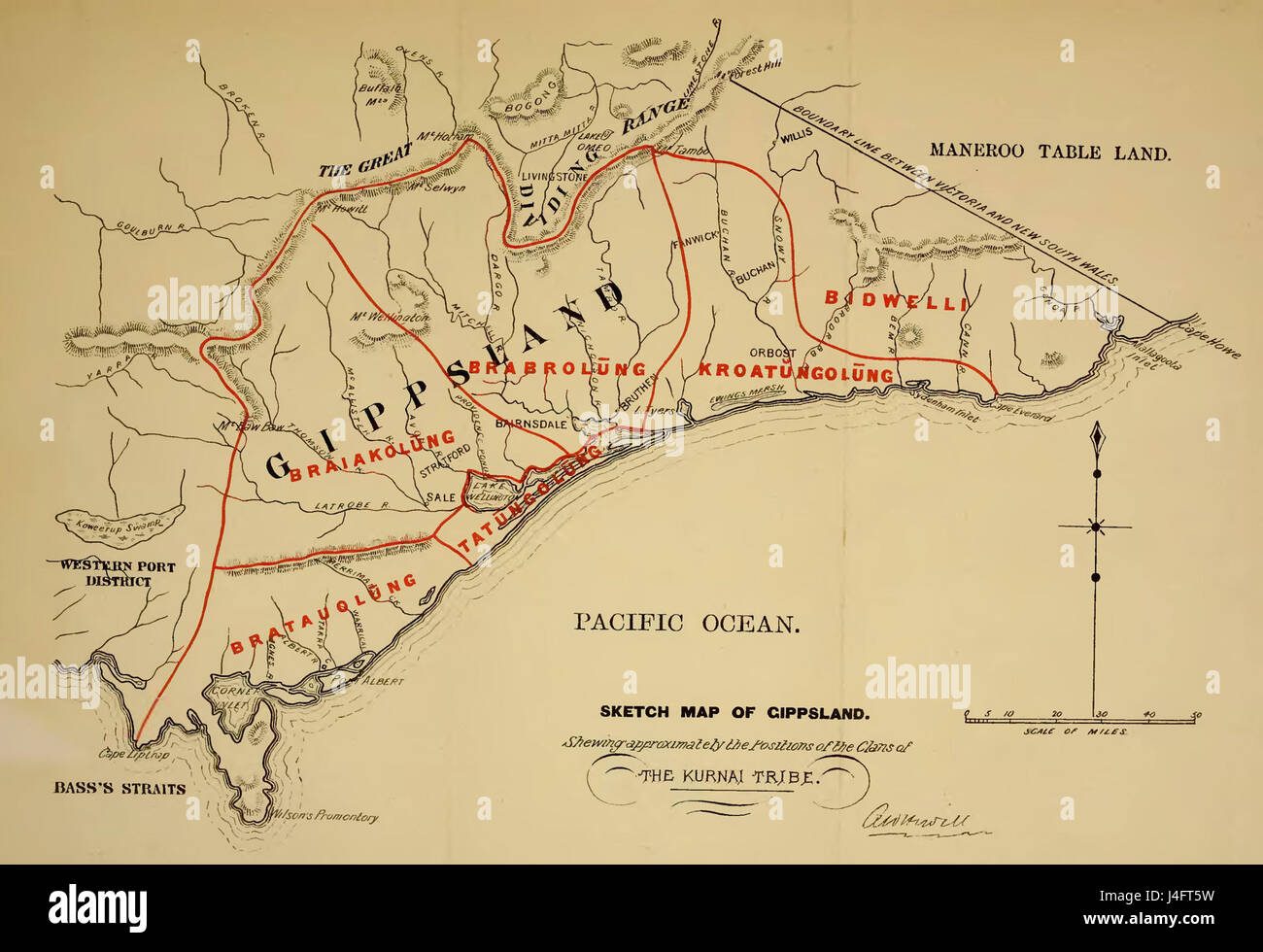Schizzo di Gippsland mostra circa le posizioni dei clan della tribù Kurnai Foto Stock
