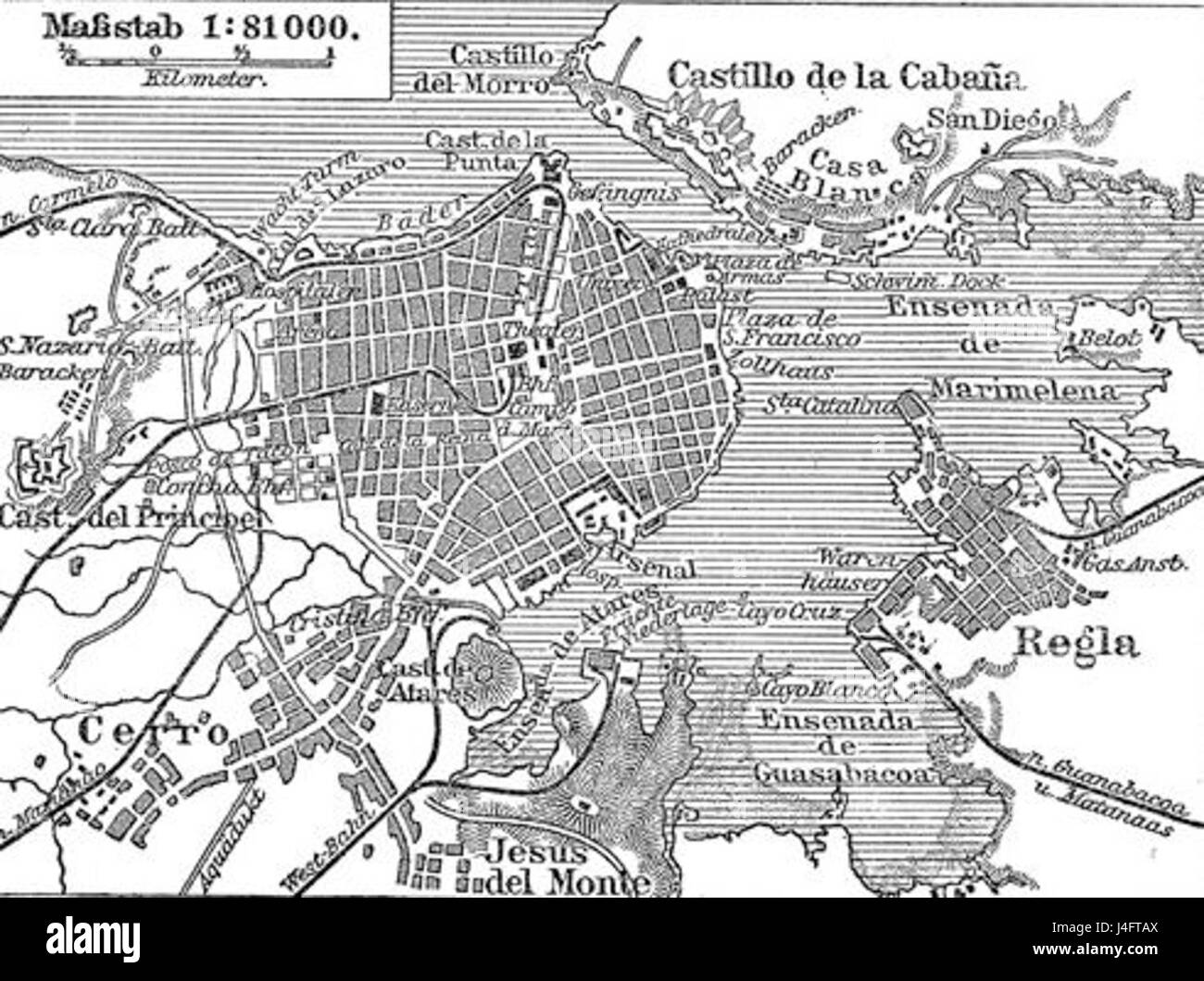 Una mappa, probabilmente del XIX o dell'inizio del XX secolo, che mostra la disposizione dell'Avana, Cuba, che illustra la pianificazione urbana e le infrastrutture della città durante quel periodo. Foto Stock