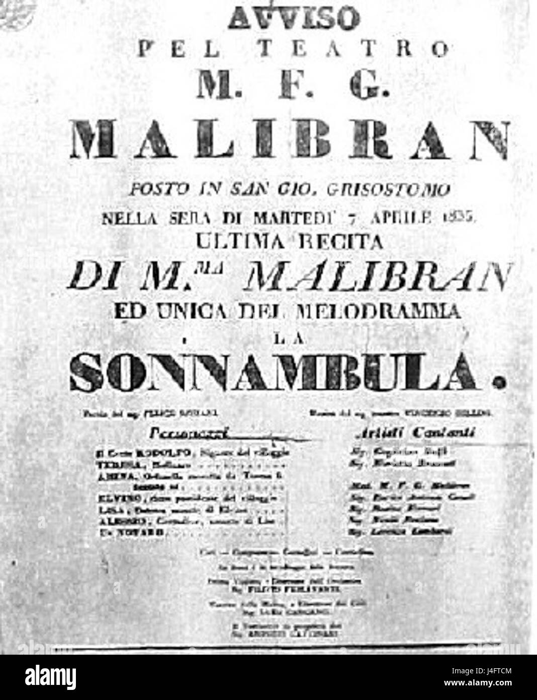 La locandina "Sonnambula" si riferisce a un poster o materiale promozionale per l'opera "la Sonnambula" di Vincenzo Bellini, nota per le sue belle arie e la sua storia drammatica. Foto Stock