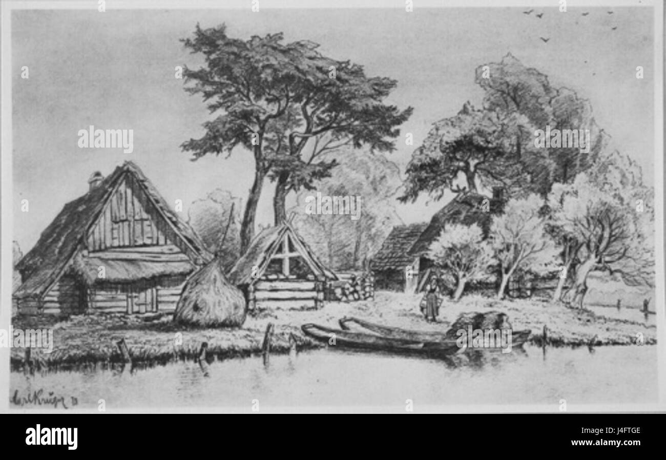 Un album fotografico che mostra i paesaggi e gli aspetti culturali della regione di Spreewald, evidenziando la sua geografia unica e lo stile di vita tradizionale. Foto Stock