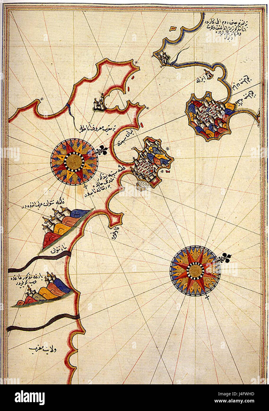 Questa mappa, disegnata dal cartografo ottomano Piri Reis, raffigura lo stretto di Gibilterra. È una delle prime mappe sopravvissute a rappresentare con precisione questo passaggio marittimo cruciale tra Europa e Africa. Foto Stock