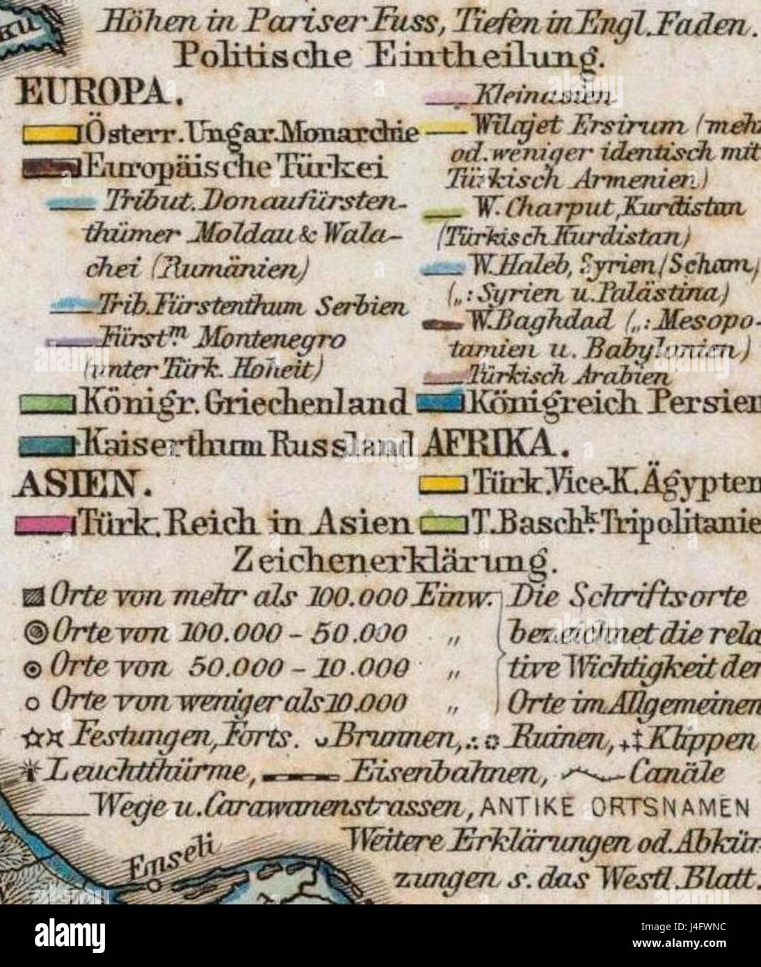 La mappa del 1875 "Das Mittellandische Meer und Nord Afrika" di Adolf Stielerâ raffigura il Mar Mediterraneo e il Nord Africa, mostrando dettagli geografici e politici della regione nel XIX secolo. Foto Stock