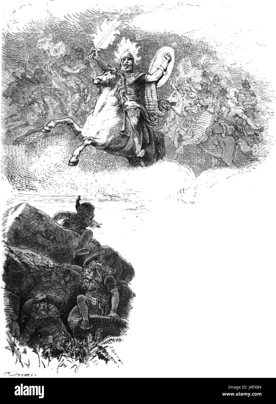 "Surtur mit dem Flammenschwerte" è un'opera tedesca che raffigura il mitico gigante Surtur, spesso associato alla distruzione del mondo nella mitologia norrena. Il titolo si traduce in "Surtur con la spada fiammeggiante" e sottolinea il suo ruolo nel mito di Ragnarok. Foto Stock