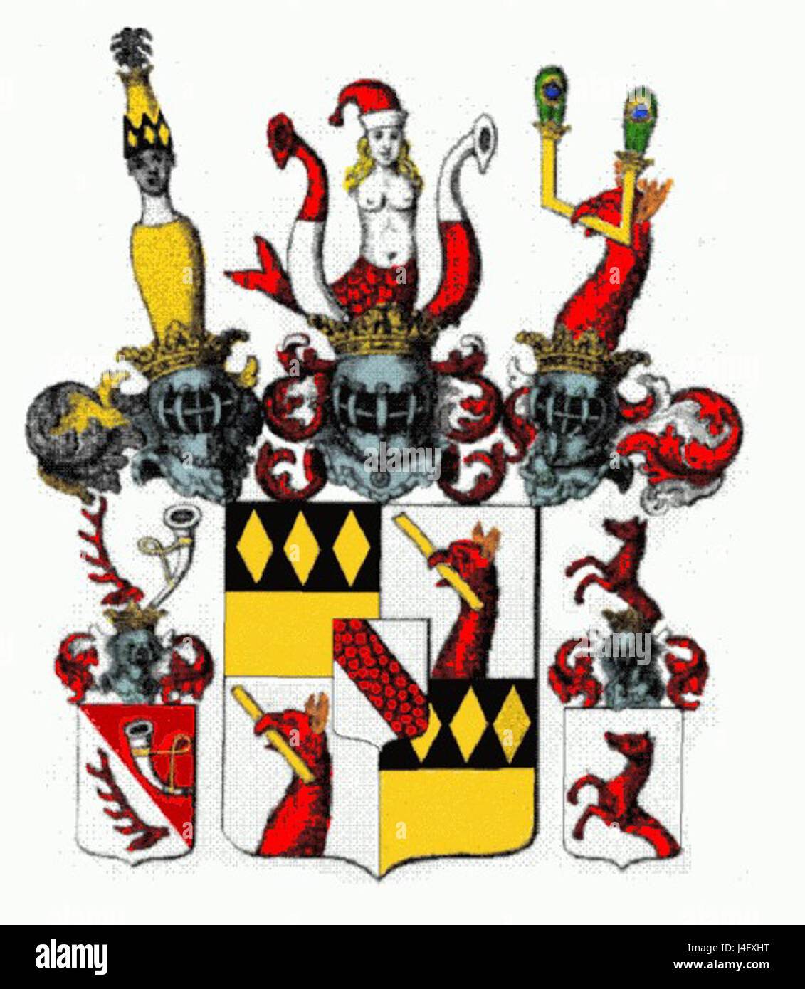 Il Tattenbachwappen è uno stemma araldico che rappresenta la famiglia Tattenbach. Mostra i simboli tradizionali della nobiltà e dell'ascendenza, con elementi di design complessi. Foto Stock