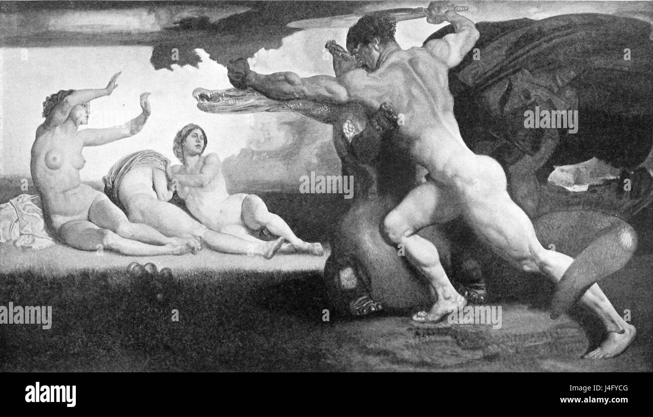 Hercule et les Hesperides di Rudolf Jettmarâ è una rappresentazione del mito greco in cui Ercole ha il compito di recuperare le mele dorate dalle Esperidi. L'opera d'arte presenta questa scena mitologica con dettagli classici e influenze stilistiche del XIX secolo. Foto Stock