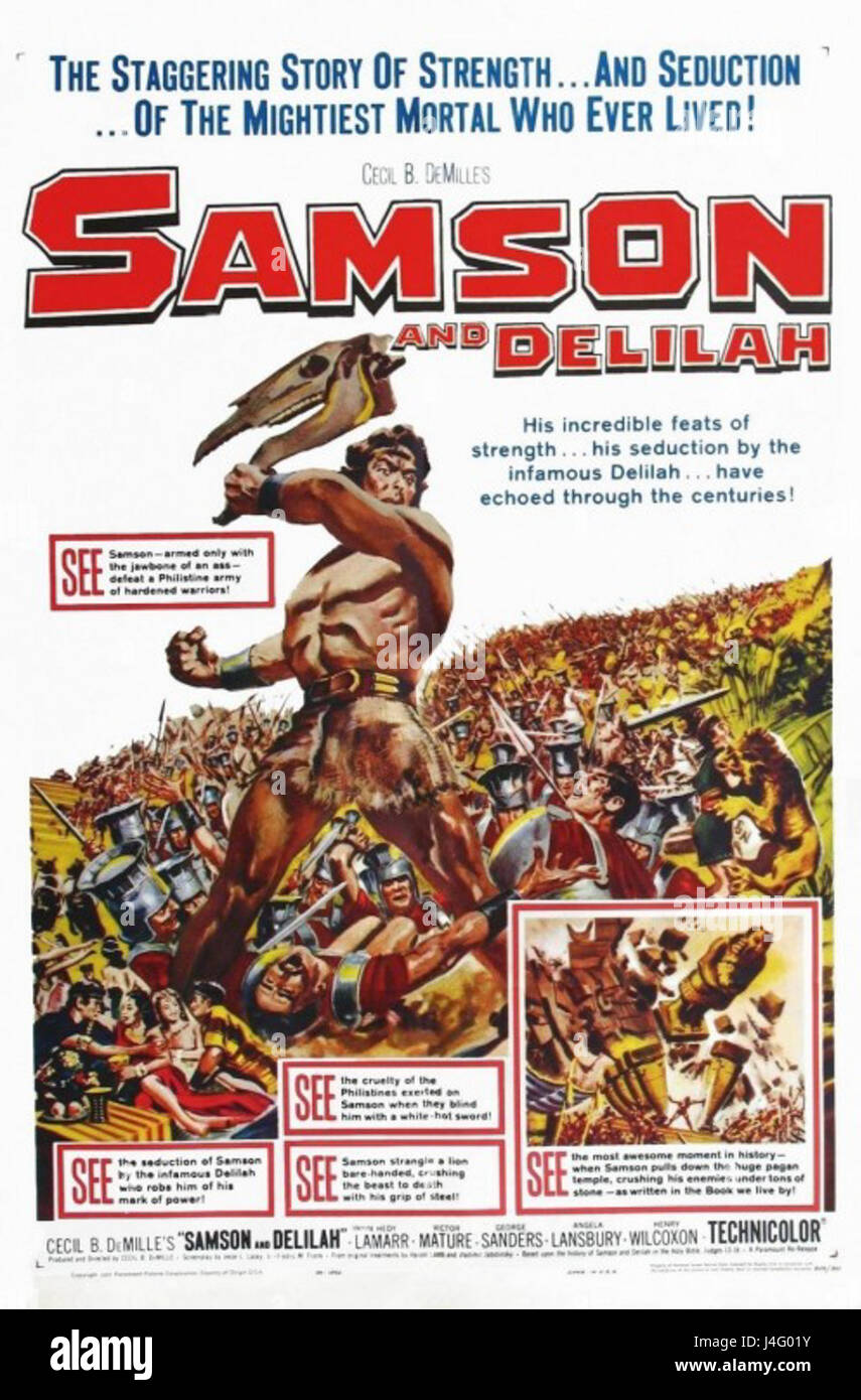 Il poster del film "Sansone e Delilah" promuove il film epico biblico del 1949, mettendo in evidenza la drammatica storia dei personaggi biblici Sansone e Dalila. Il film ritrae temi di amore, tradimento e forza ambientati nell'antico Israele. Foto Stock