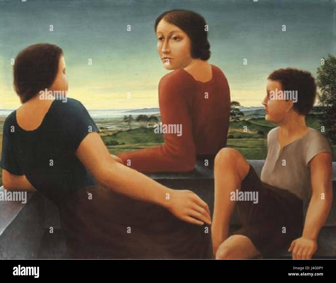 Le figure di Schrimpfâ in un paesaggio raffigurano figure umane all'interno di ambienti naturali, combinando ritratti e contesto ambientale. Le sue opere esplorano spesso temi di interazione tra gli individui e la natura, catturando sottili emozioni in ambienti all'aperto sereni. Foto Stock