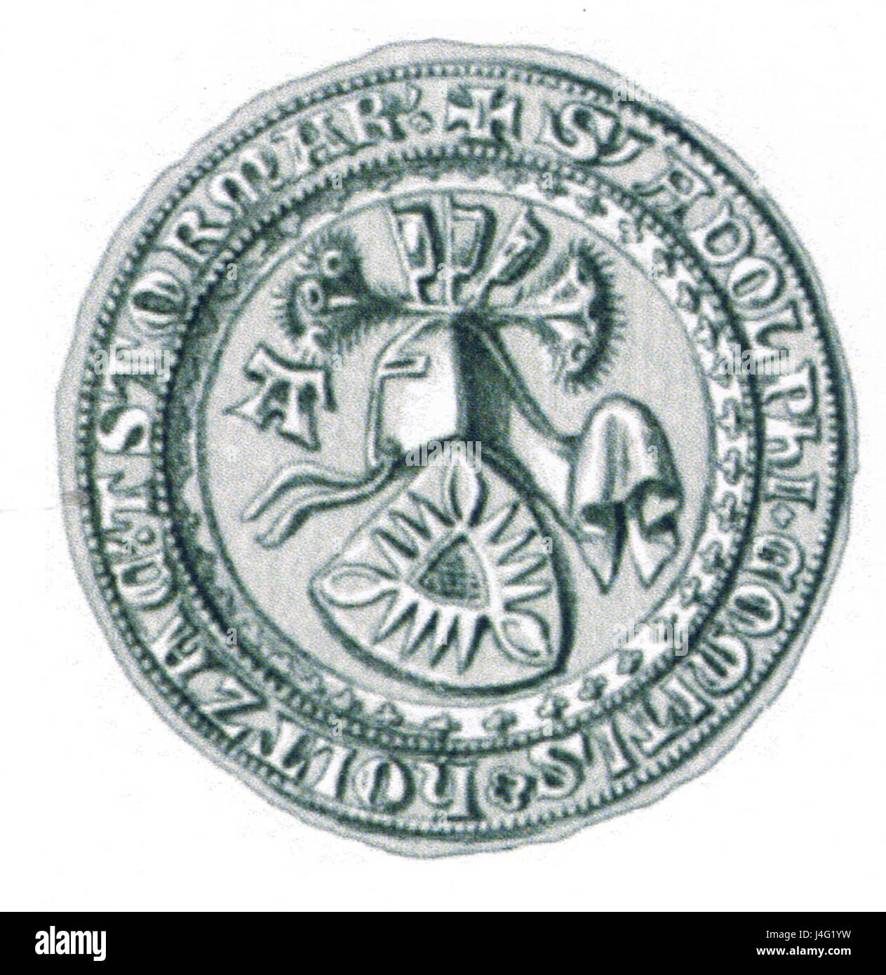 Il sigillo di Adolfo IX di Holstein-Kiel si riferisce a un sigillo ufficiale usato dal sovrano Adolfo IX della regione Holstein-Kiel, parte del Ducato di Holstein nella Germania settentrionale. Questo sigillo è stato utilizzato per i documenti ufficiali e per i decreti reali. Foto Stock