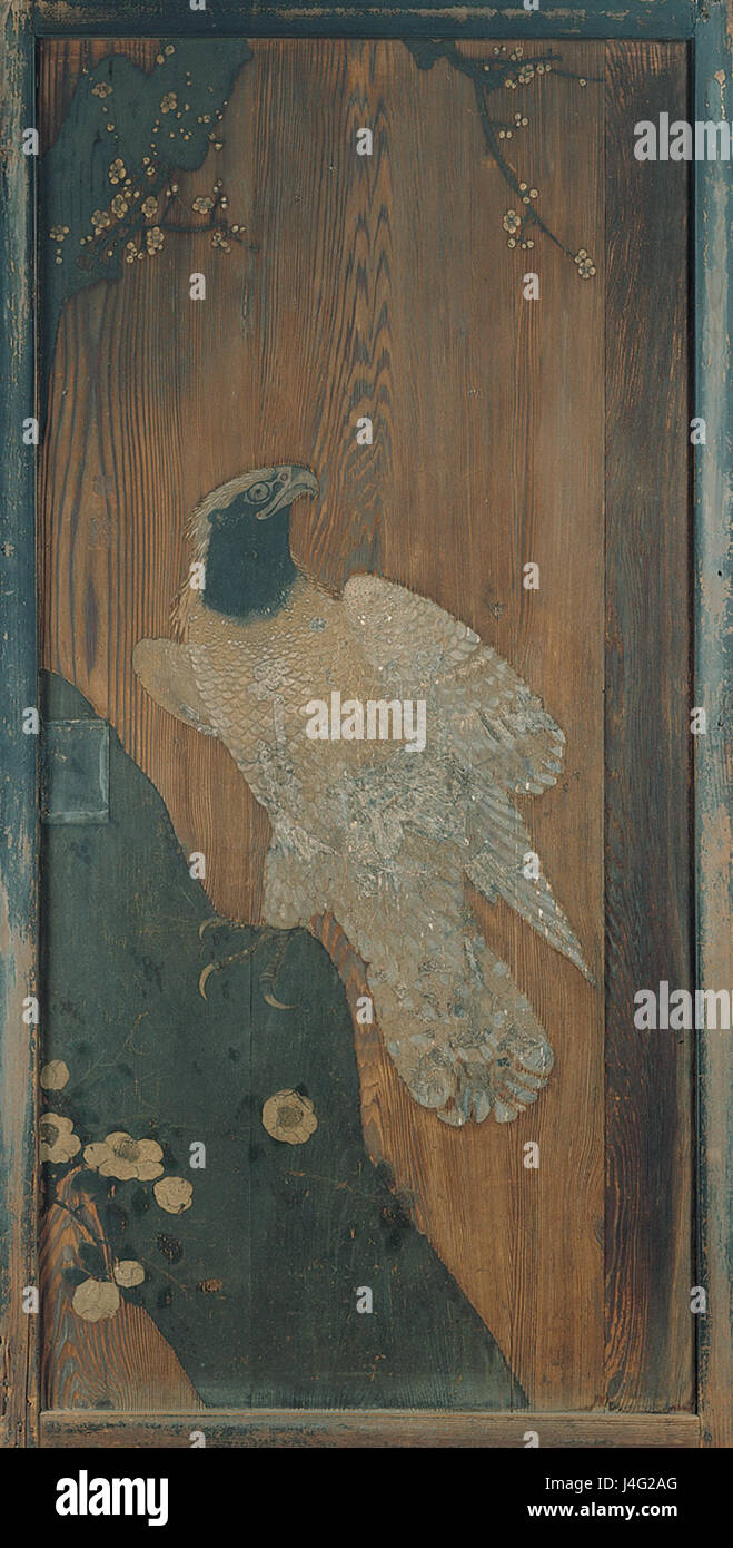 Lo scorrimento del pannello della porta con il design dell'aquila imperiale, Susino, e camelia Foto Stock Lo scorrimento del pannello della porta con il design dell'aquila imperiale, Susino, e camelia Foto Stock