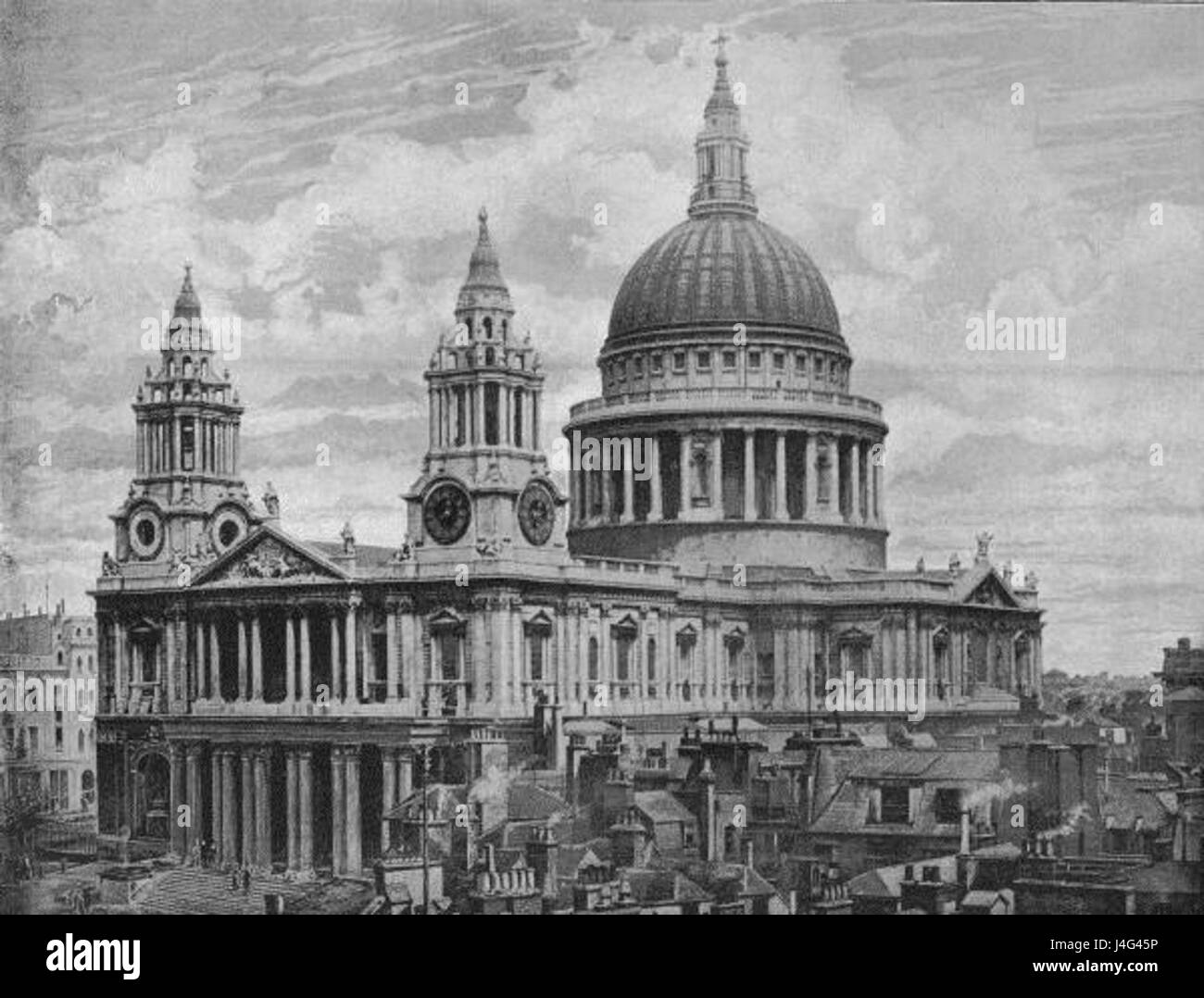 Una fotografia del 1896 che cattura la cattedrale di St Paul, progettata da Sir Christopher Wren e completata nel 1710. La cupola della cattedrale, una delle più grandi al mondo, si erge a 365 metri circa, il che lo rende l'edificio più alto di Londra dal 1710 al 1965. Foto Stock