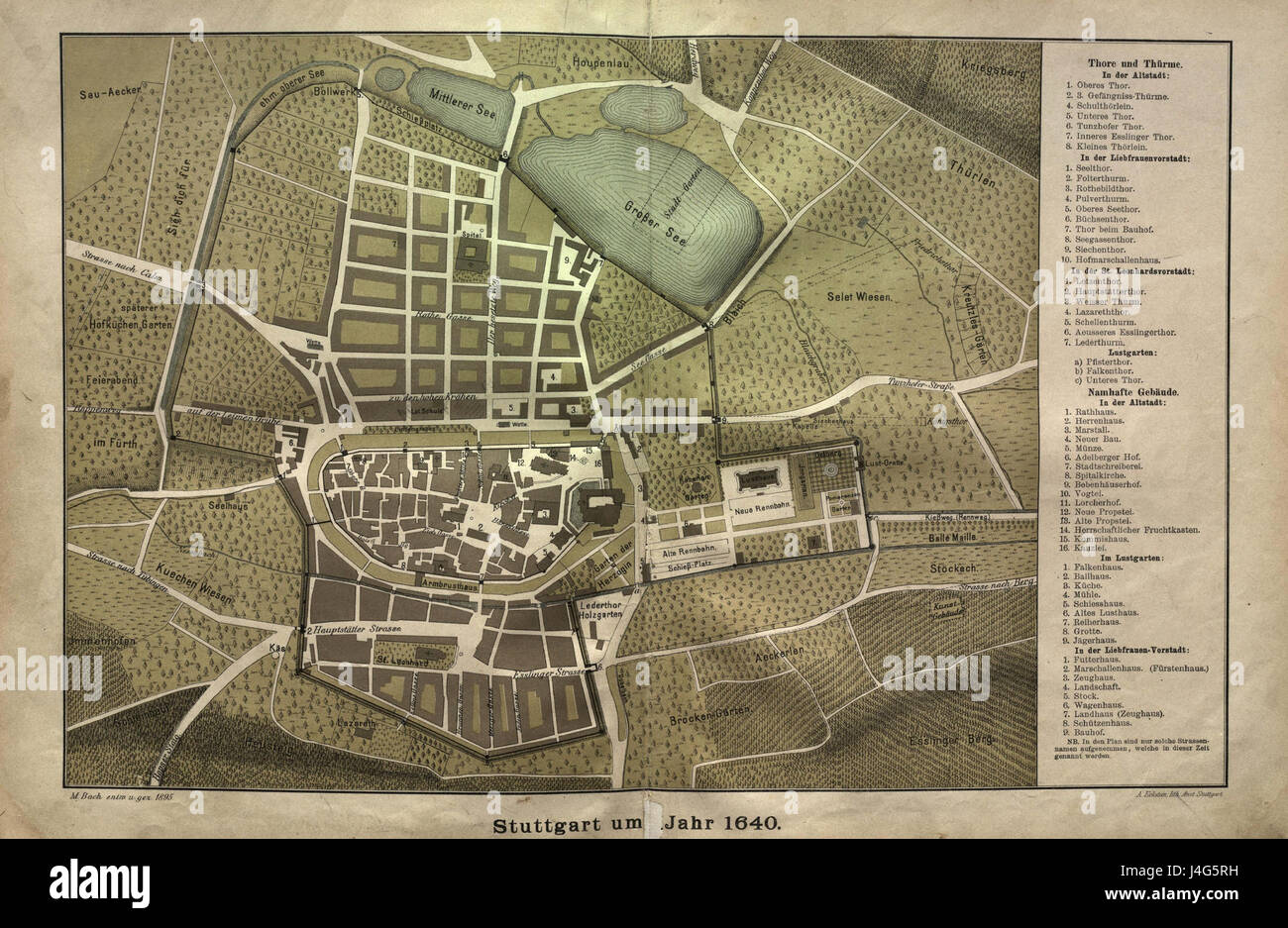 Questa mappa del 1640 di Stoccarda offre uno sguardo sulla struttura urbana e lo sviluppo della città durante l'inizio del XVII secolo, riflettendo le sue infrastrutture, le strade e i punti di riferimento principali. Foto Stock