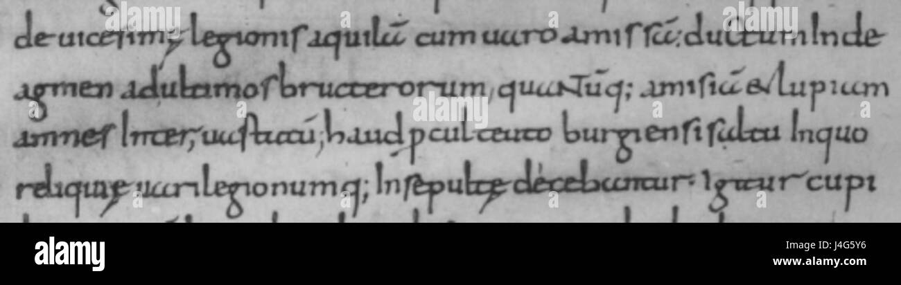 La Varusschlacht (battaglia della foresta di Teutoburgo), descritta da Tacito, fu una battaglia decisiva nel 9 d.C. in cui le forze romane, guidate da Publio Quinctilio varo, furono sconfitte dalle tribù germaniche. Questa perdita segnò una svolta significativa per l'espansione romana in Germania. Foto Stock