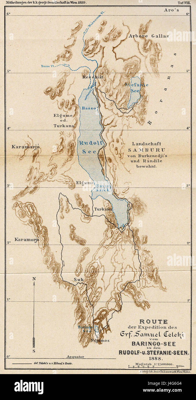 Route der Expedition des Grf. Samuel Teleki vom Baringo vedere zu den Rudolf u. Stefanie visto (1888) Foto Stock