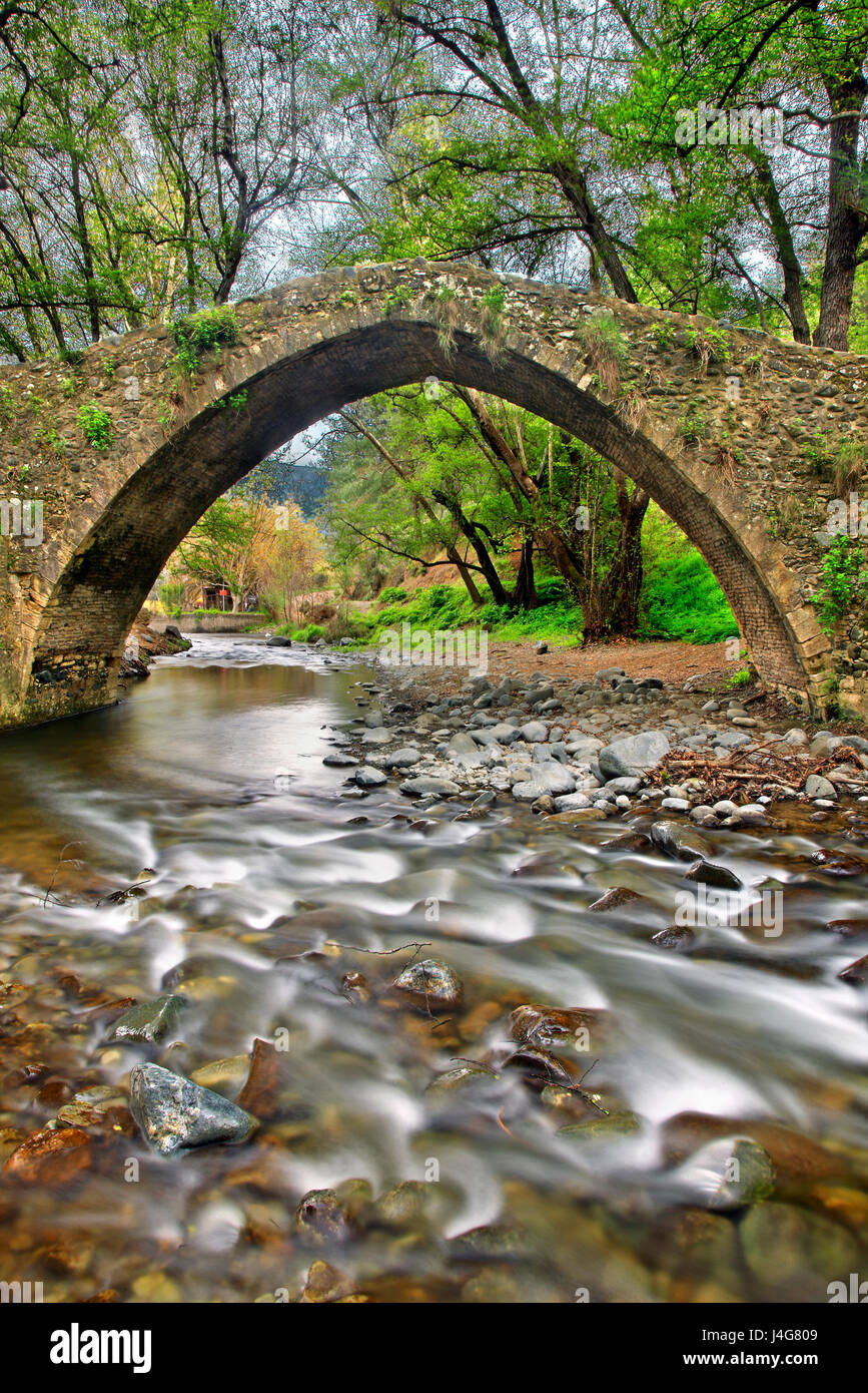 Il vecchio ponte veneziano di kelefos (o 'tzielefos'), tra Agios Nikolaos e platres villaggi, troodos mountain, distretto di Limassol a Cipro. Foto Stock