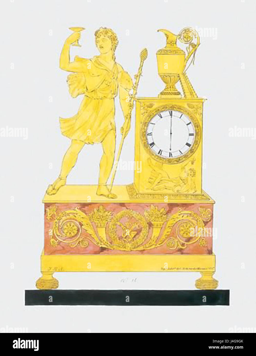 Questo schizzo rappresenta un orologio in stile impero francese, con la figura di Bacco, il dio romano del vino e della meraviglia. Il design dell'orologio riflette gli elementi neoclassici del periodo dell'Impero francese, caratterizzati da decorazioni ornamentali e un senso di grandezza. Foto Stock