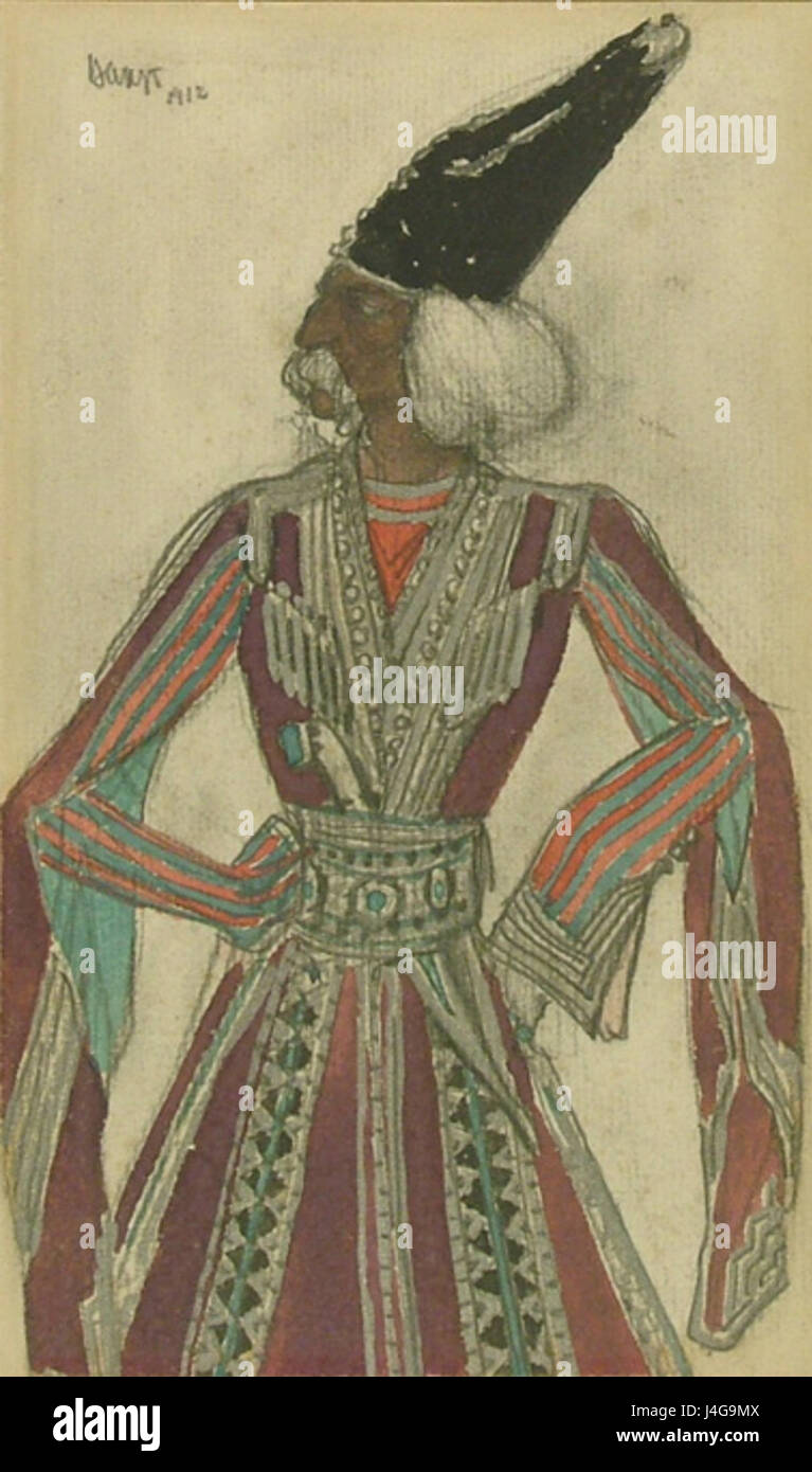 Thamar di L. Bakst è un costume teatrale disegnato dal famoso artista, che mostra il suo stile distintivo nella creazione di costumi per il balletto "Thamar". Foto Stock