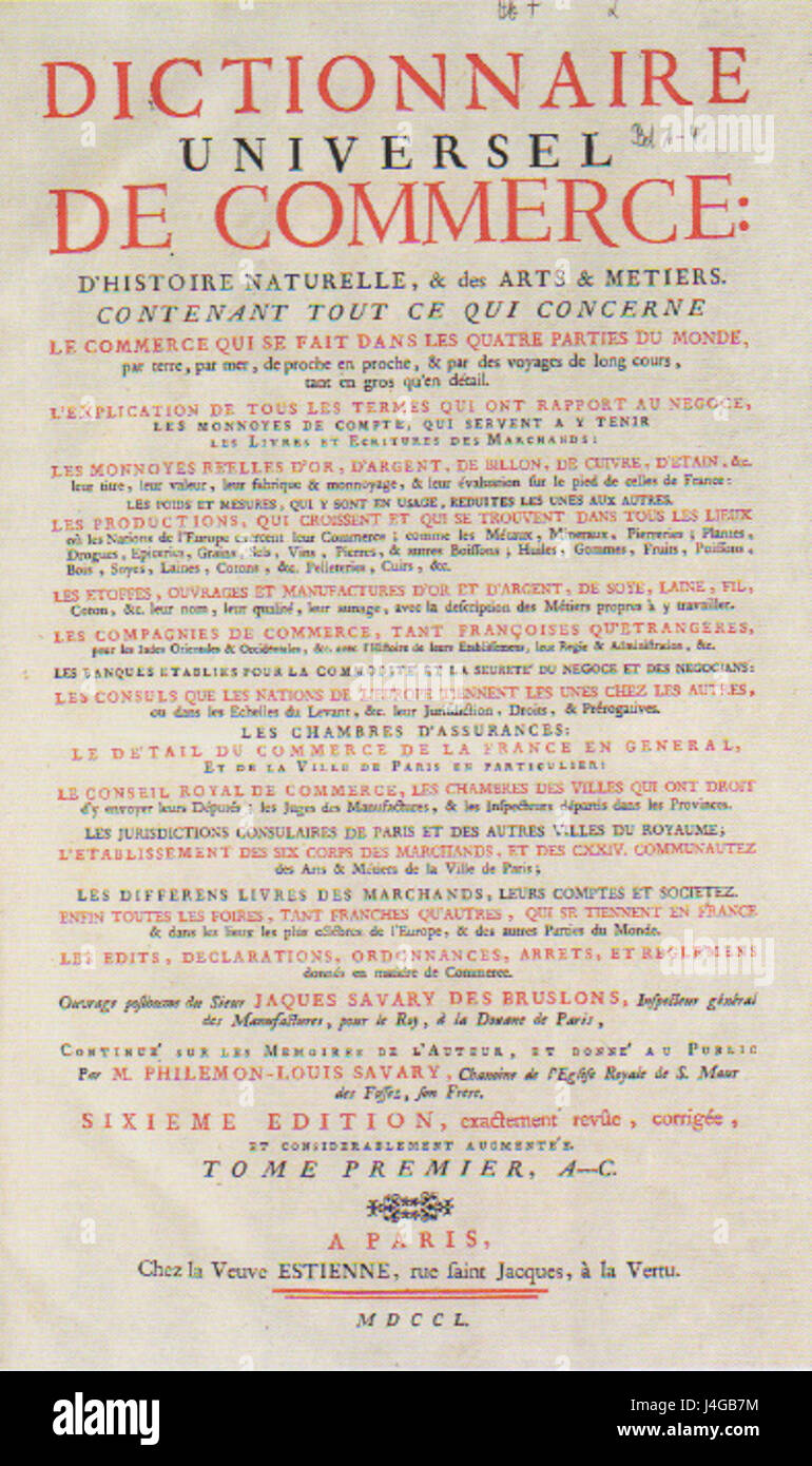 Savary Dictionnaire Universel de Commerce (Titelblatt) Foto Stock
