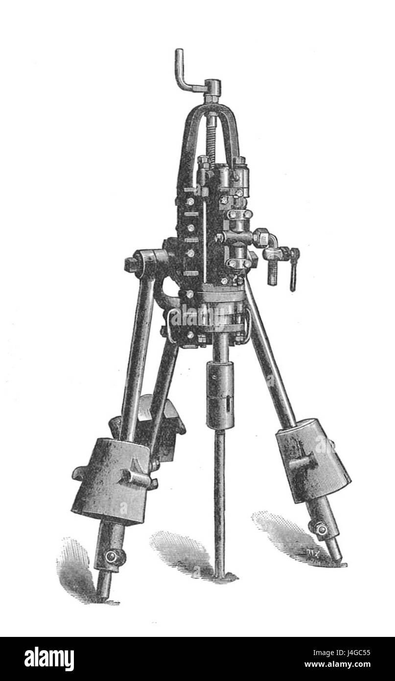 La perforatrice da roccia Schram è un utensile industriale utilizzato nelle attività minerarie e edili. Questo esercizio, menzionato nel volume "Modern Engines" di Rankin Kennedy, evidenzia il suo significato nell'ingegneria e nello sviluppo meccanico. Foto Stock