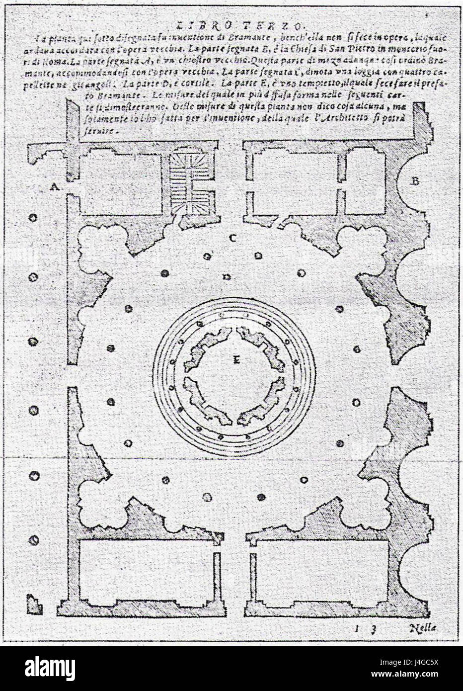 Il Tempietto, progettato da Donato Bramante, è un piccolo tempio circolare a Roma, che riflette lo stile dell'alto Rinascimento. Il piano di Serlio mette in mostra il suo layout architettonico e i suoi principi di progettazione. Foto Stock
