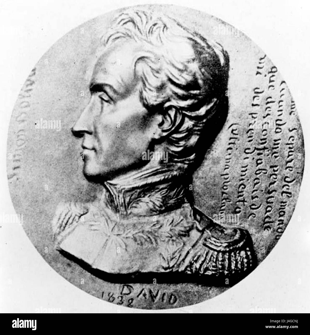 Un ritratto storico di Simon de Bolivar, il leader rivoluzionario sudamericano. L'immagine riflette la sua importanza nella lotta per l'indipendenza in America Latina e il suo ruolo nel plasmare il panorama politico del continente durante il XIX secolo. Foto Stock