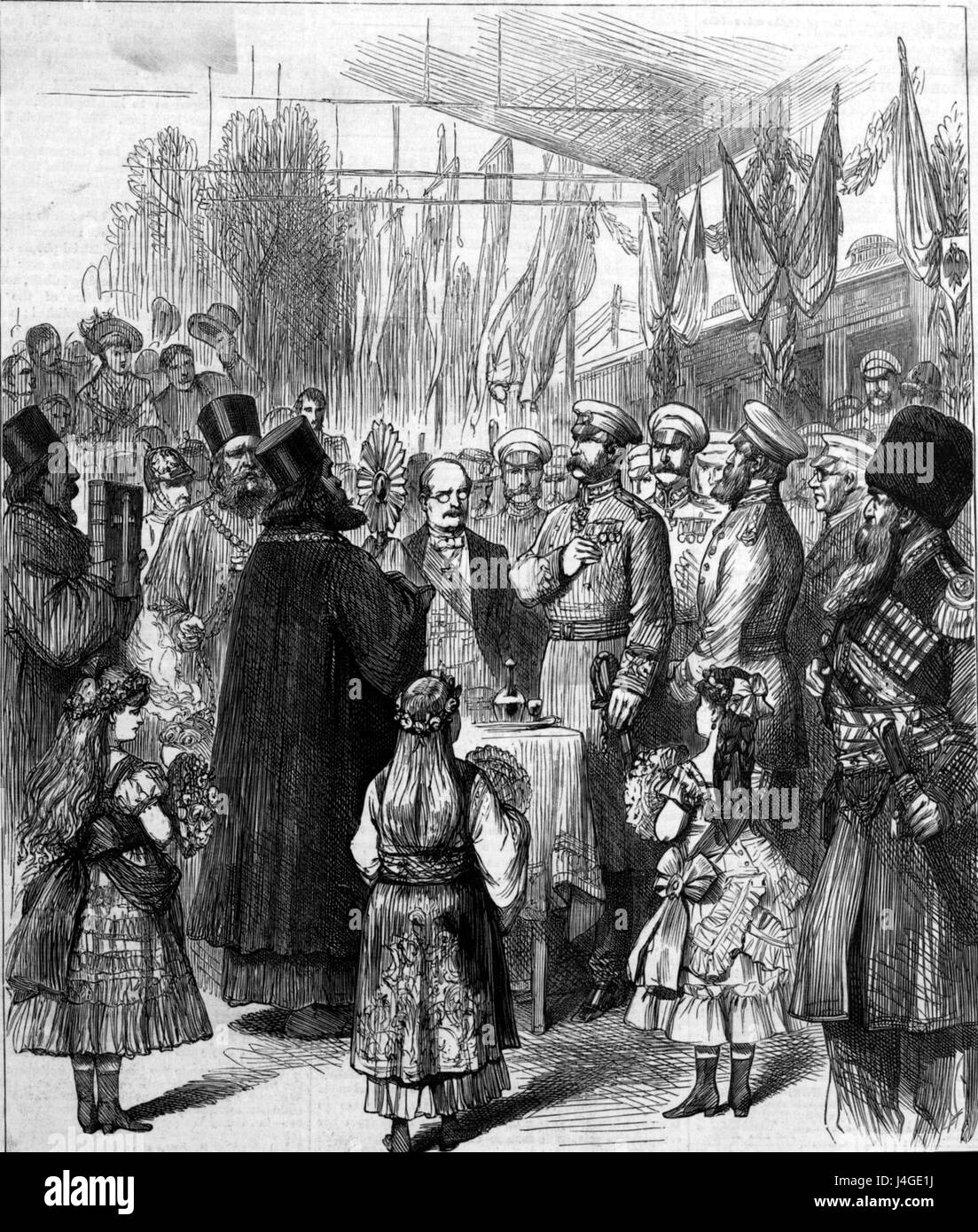 Rumeno benedizione dei sacerdoti l'imperatore di Russia a Ploesti stazione ferroviaria Foto Stock