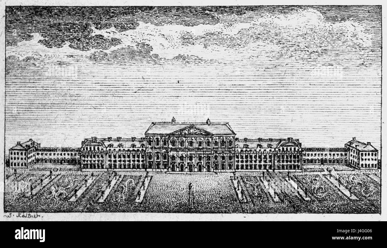 Lo Schloss Schleissheim, costruito intorno al 1775, è un palazzo barocco situato vicino a Monaco, Germania. Il complesso del palazzo, noto per la sua splendida architettura e gli ampi giardini, fu un centro della cultura bavarese durante il XVIII secolo. Foto Stock