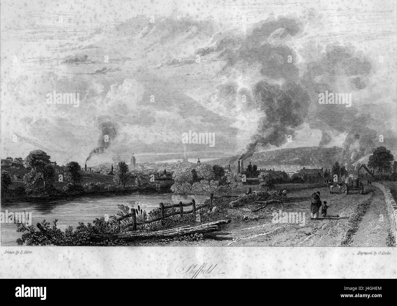 Questa vista storica di Sheffield da Attercliffe Road, datata 1819, mostra il primo paesaggio industriale della città. L'immagine evidenzia le caratteristiche principali dello sviluppo della città durante l'inizio del XIX secolo, tra cui la presenza di fabbriche, abitazioni workersâ€™ e infrastrutture legate alla crescita industriale. Foto Stock