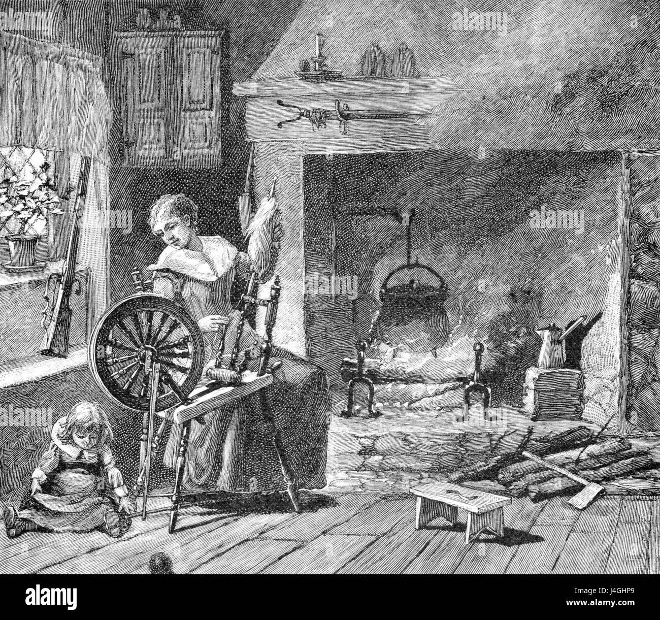 Questa scena raffigura l'atto della filatura in una cucina coloniale. Essa mette in evidenza la vita quotidiana e le faccende domestiche durante il periodo coloniale, in particolare l'uso di ruote da filare per la produzione tessile nelle prime società. Foto Stock