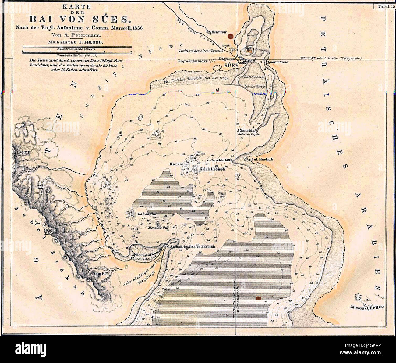 Questa mappa della baia di Suez, in Egitto, fu creata nel 1856 da Geographische Anstalt di Justus Perthes. Offre approfondimenti geografici e strategici sull'area durante il XIX secolo. Foto Stock