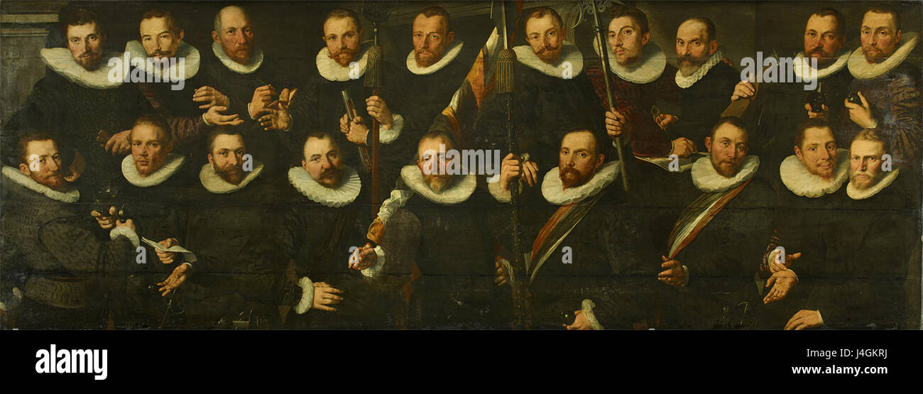 Questo dipinto, intitolato 'Schutters van de compagnie van kapitein Jan de Bisschop en vaandrig Pieter Egbertsz. Vinck,' raffigura il gruppo di milizie del XVII secolo, mettendo in evidenza figure di spicco come il capitano Jan de Bisschop e il tenente Pieter Egbertsz. Vinck in un ambiente cerimoniale. Riflette il ruolo storico della milizia nella società olandese durante questo periodo. Foto Stock