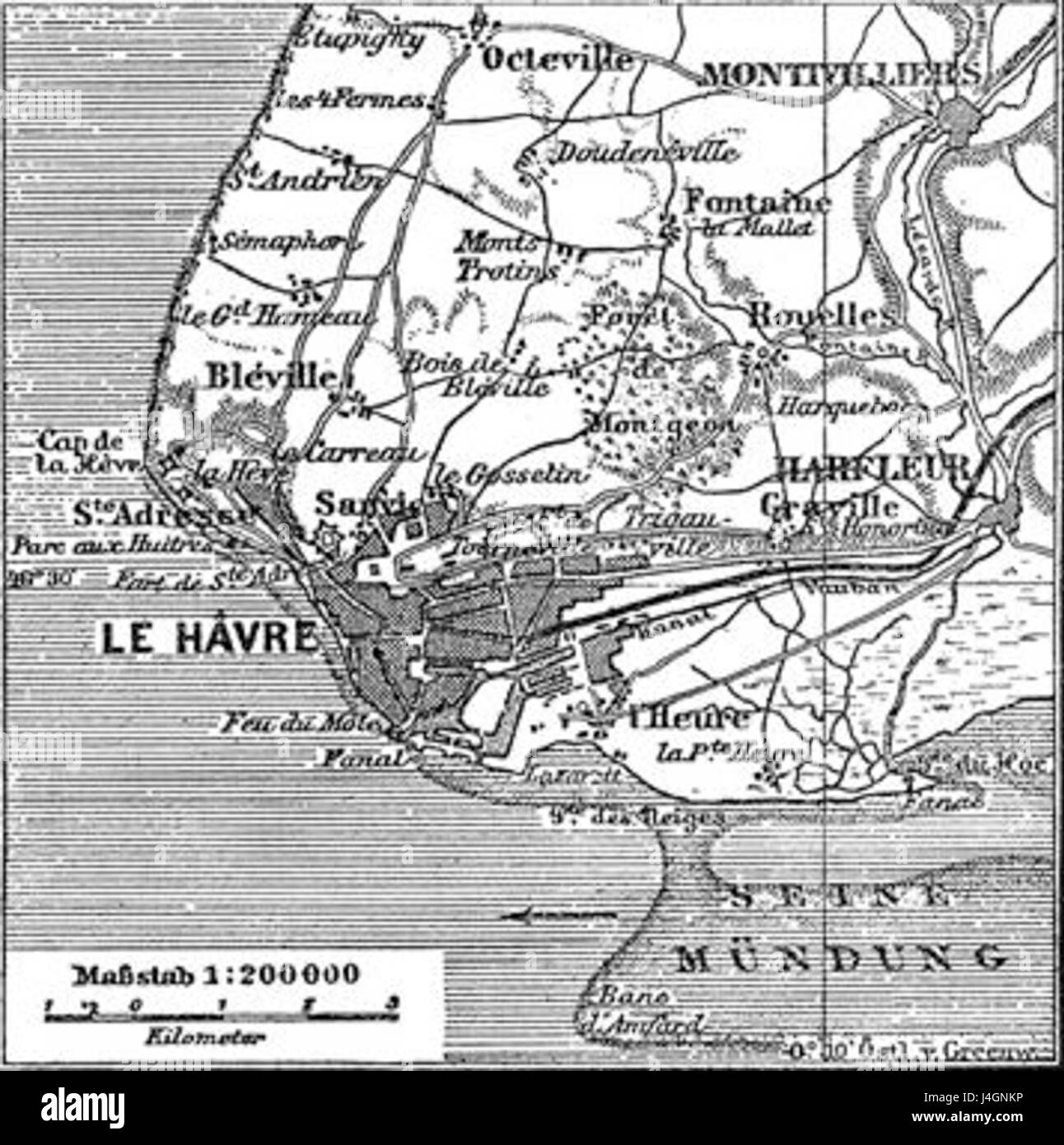 Questo si riferisce a un piano di situazione di le Havre, una città portuale in Francia. Il piano descriveva la struttura della città, le infrastrutture e forse i punti di riferimento chiave nel contesto della pianificazione urbana o dello studio storico. Foto Stock