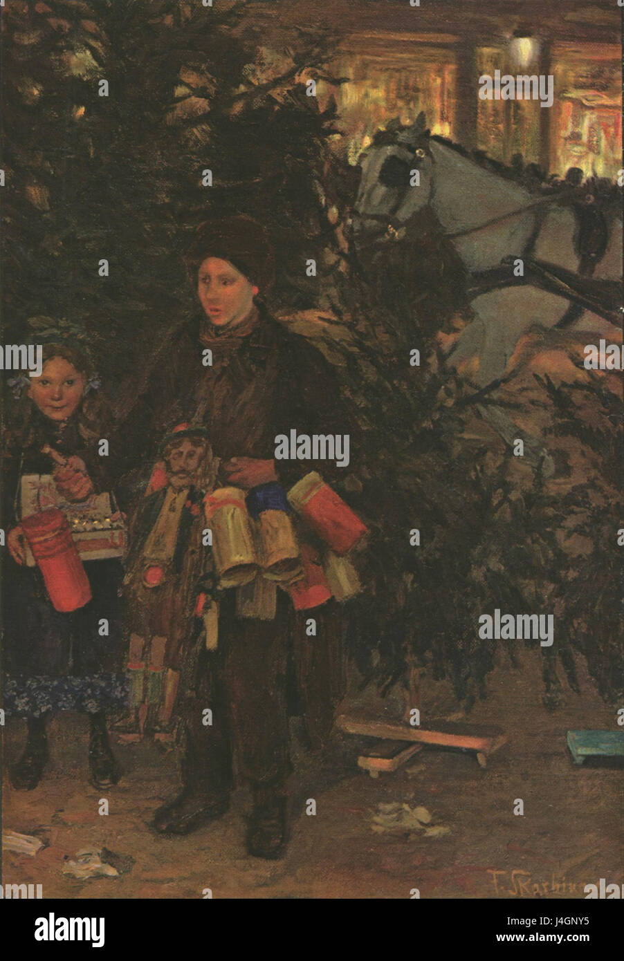 "Auf dem Weihnachtsmarkte" (al mercatino di Natale) è un dipinto dell'artista polacco Skarbina che raffigura una scena festosa in un mercatino di Natale. L'opera riflette la tradizionale atmosfera natalizia e le pratiche culturali che circondano il Natale in Europa. Foto Stock