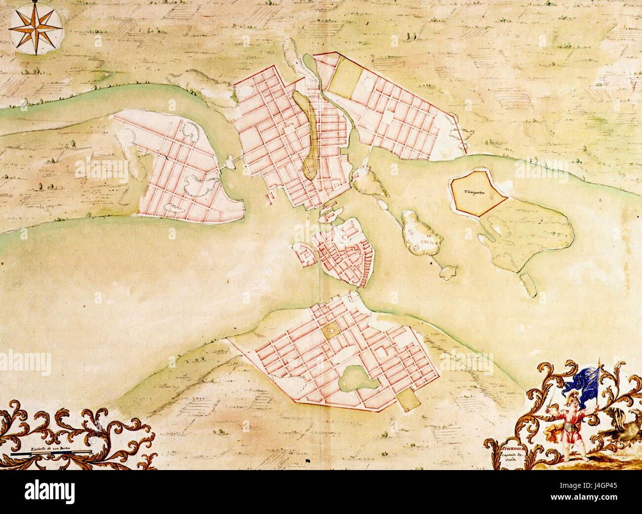 La *Stockholmskarta* è una mappa di Stoccolma, risalente al 1650 circa. Questa mappa storica fornisce informazioni preziose sulla struttura della città durante il XVII secolo, illustrando i principali monumenti, edifici e caratteristiche geografiche di Stoccolma durante quel periodo. Foto Stock