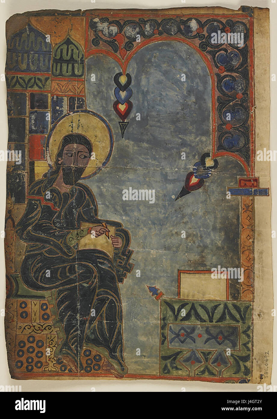 Questo dipinto raffigura San Matteo, uno dei dodici apostoli della tradizione cristiana. L'opera d'arte ritrae in genere il suo ruolo di esattore delle tasse diventato discepolo ed è nota per il suo significato religioso. Foto Stock