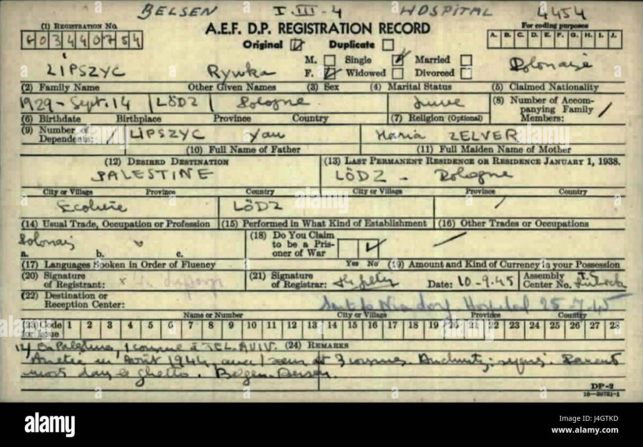 Rywka Lipszyc record di registrazione 10 septembre 1945 Foto Stock