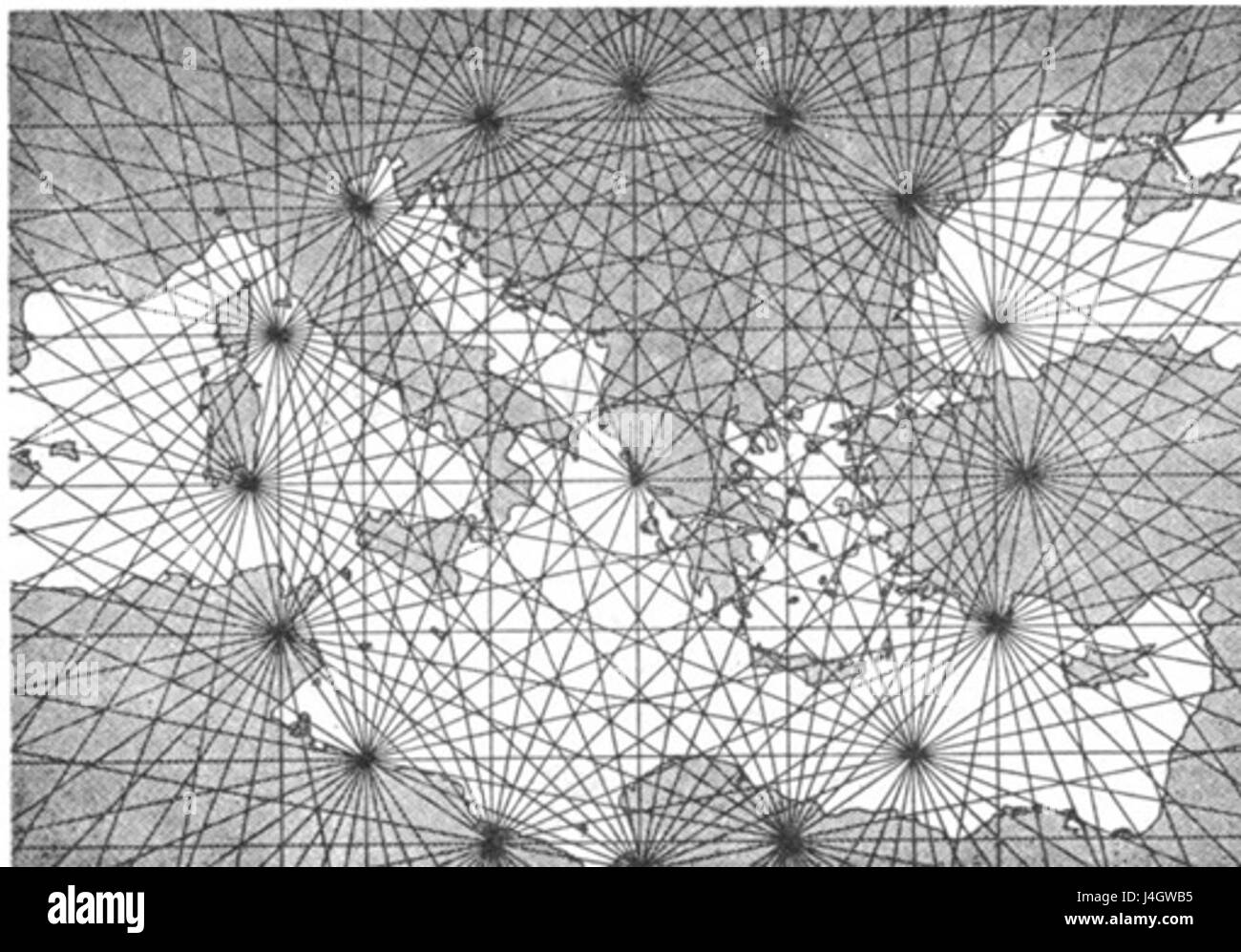 Lo "schema portulanove mapy" si riferisce a una mappa schematica delle carte di navigazione del periodo medievale. Queste mappe sono state utilizzate per la navigazione marittima, mostrando le coste, i porti e importanti punti di navigazione per i marinai. Foto Stock